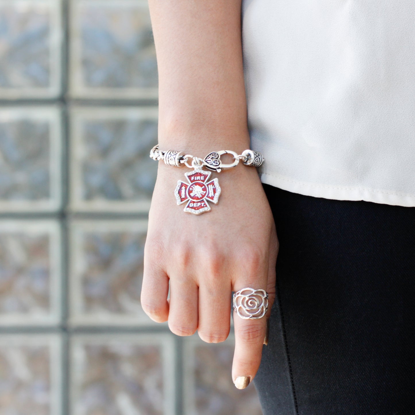 Silver Firefighter Badge Charm Braided Bracelet