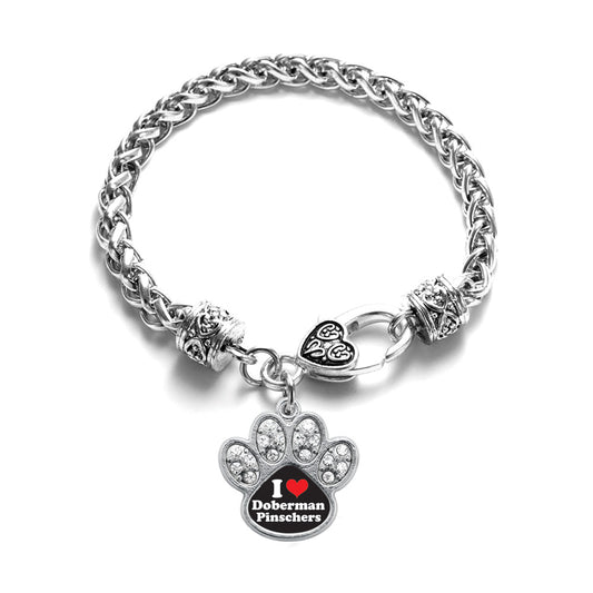 Silver I Love Doberman Pinscher Pave Paw Charm Braided Bracelet