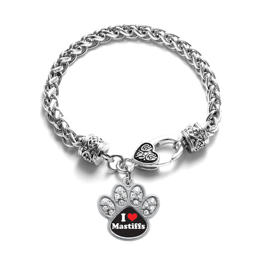 Silver I Love Mastiffs Pave Paw Charm Braided Bracelet