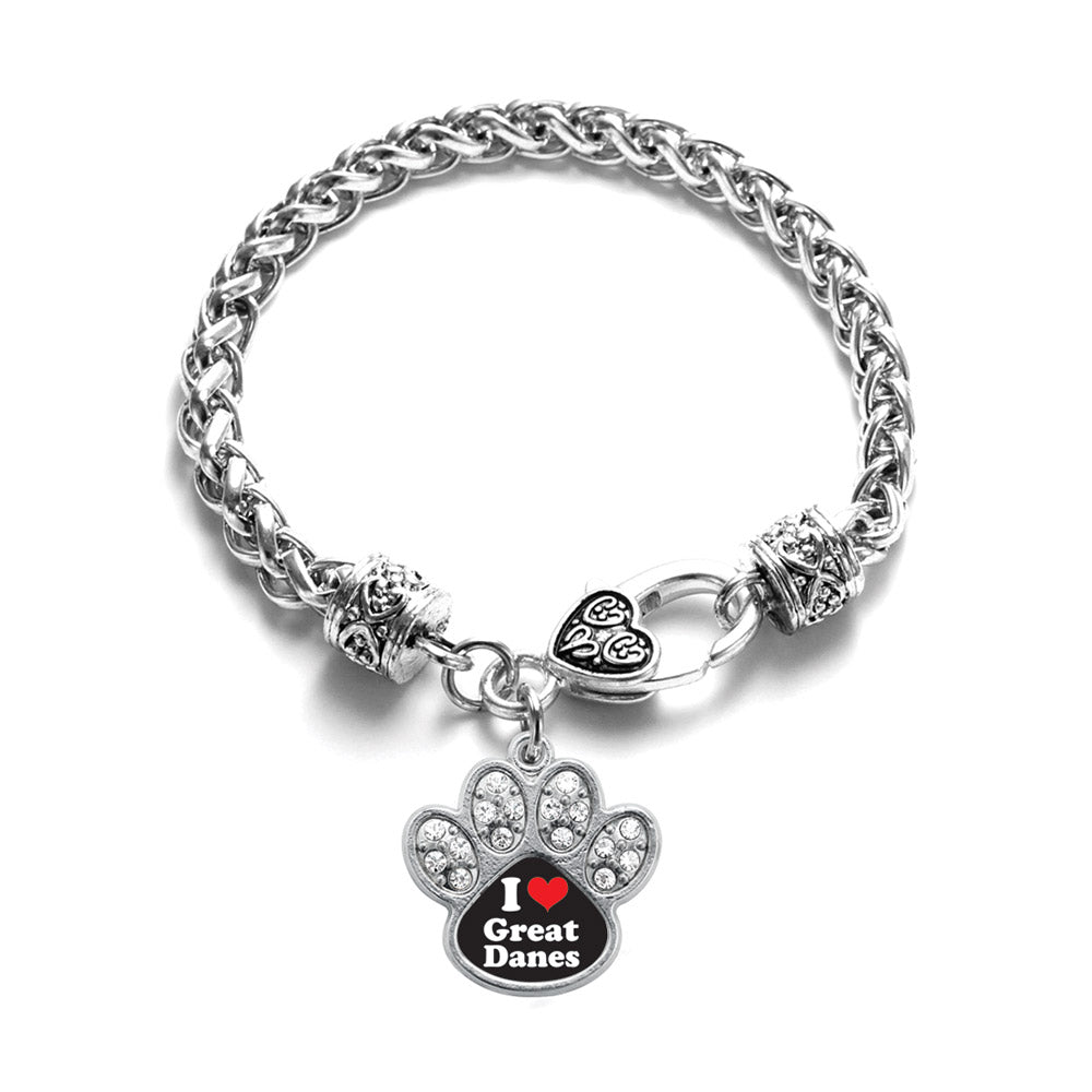 Silver I Love Great Danes Pave Paw Charm Braided Bracelet