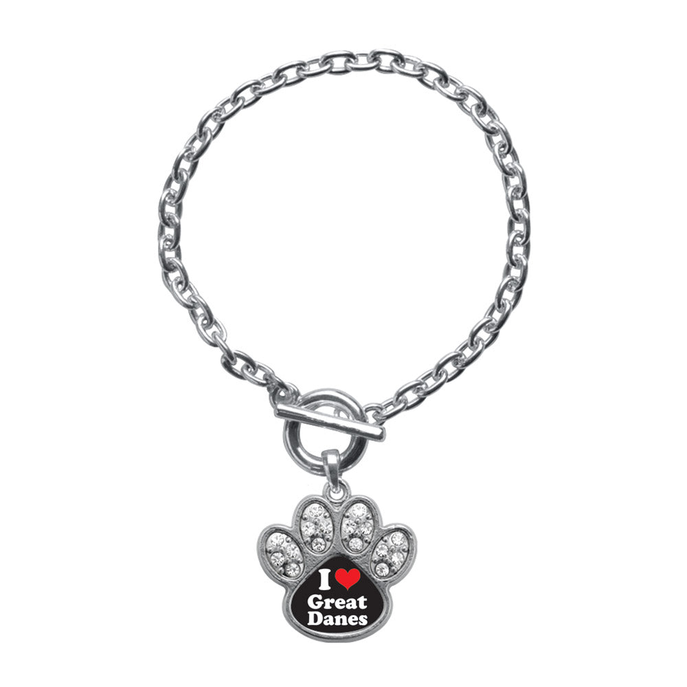 Silver I Love Great Danes Pave Paw Charm Toggle Bracelet