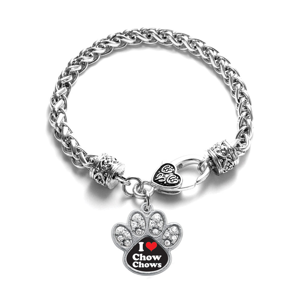 Silver I Love Chow Chows Pave Paw Charm Braided Bracelet