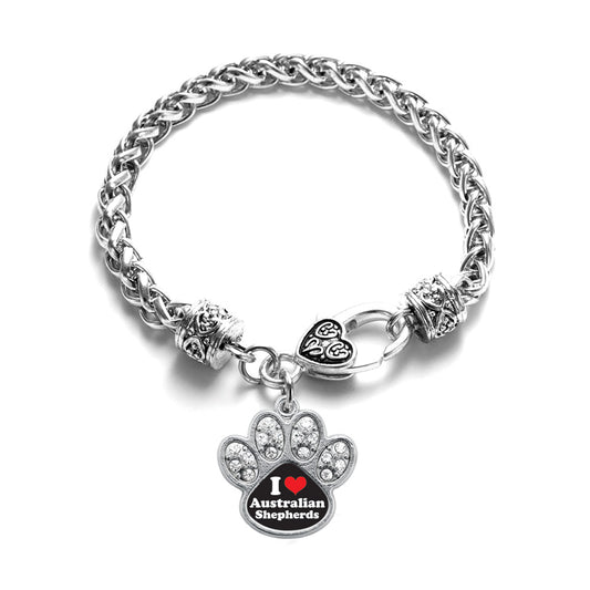 Silver I Love Australian Shepherds Pave Paw Charm Braided Bracelet