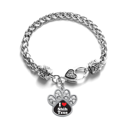 Silver I Love Shih Tzus Pave Paw Charm Braided Bracelet