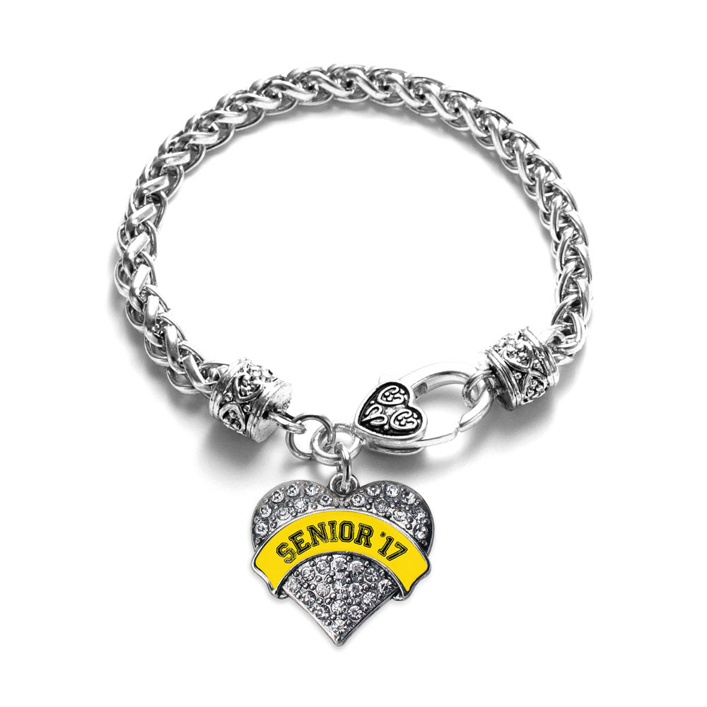 Silver Yellow Senior 2017 Pave Heart Charm Braided Bracelet