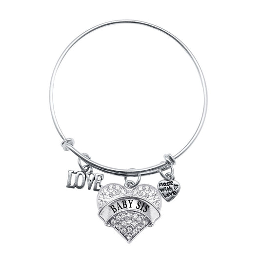 Silver Love Baby Sis Pave Heart Charm Wire Bangle Bracelet