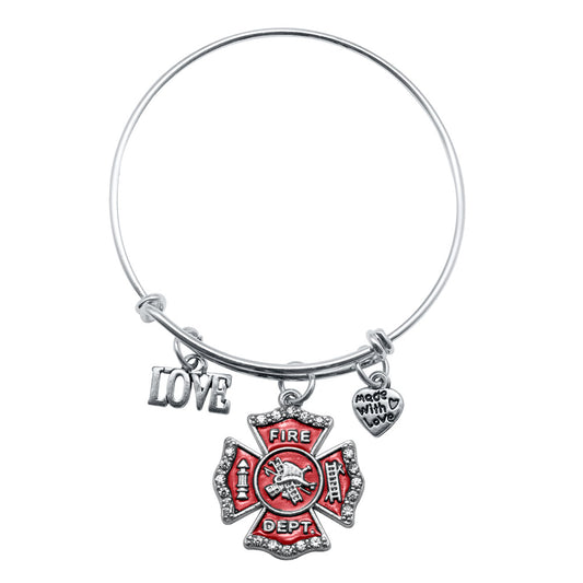 Silver Love Firefighter Badge Charm Wire Bangle Bracelet