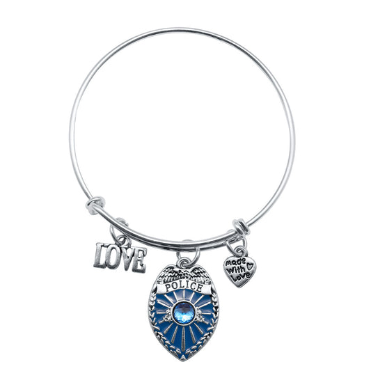 Silver Love Blue Police Badge Charm Wire Bangle Bracelet