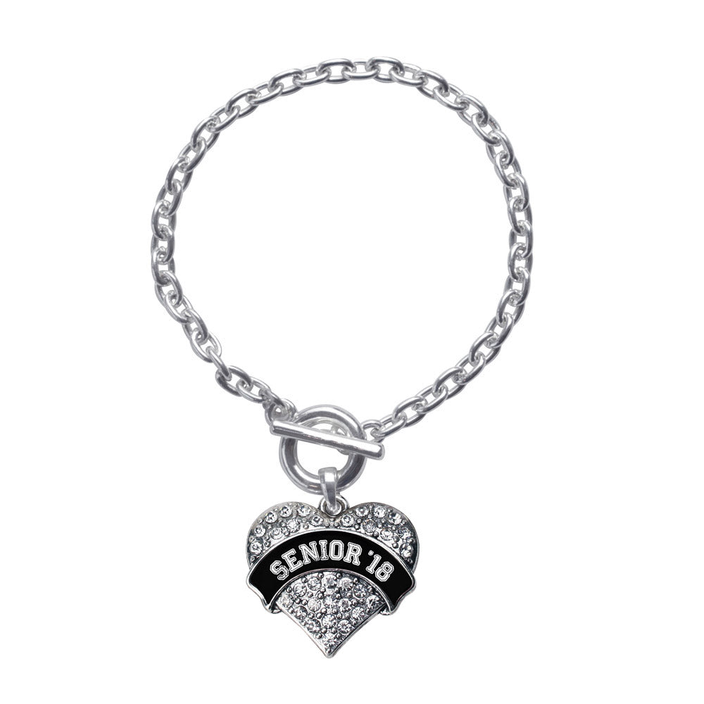 Silver Black and White Senior 2018 Pave Heart Charm Toggle Bracelet