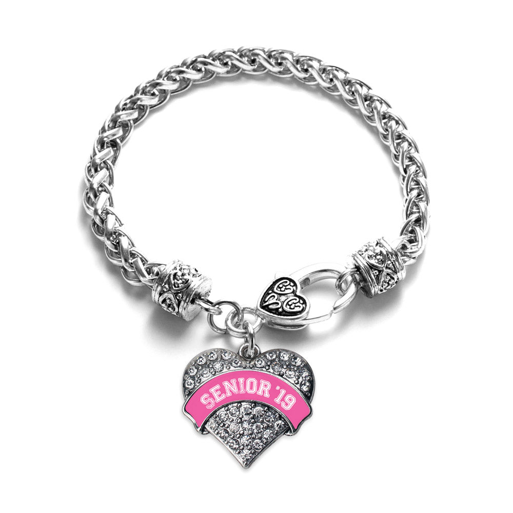 Silver Pink Senior 2019 Pave Heart Charm Braided Bracelet