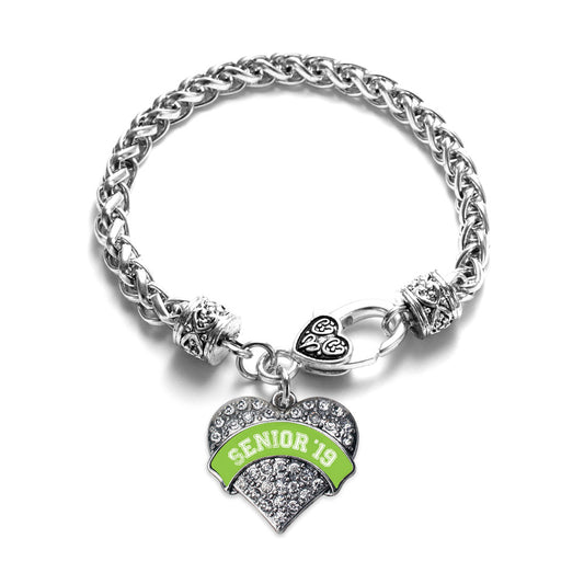 Silver Lime Green Senior 2019 Pave Heart Charm Braided Bracelet