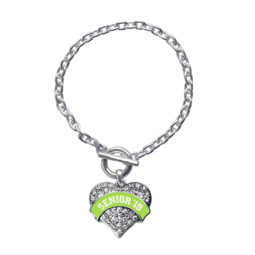 Silver Lime Green Senior 2019 Pave Heart Charm Toggle Bracelet