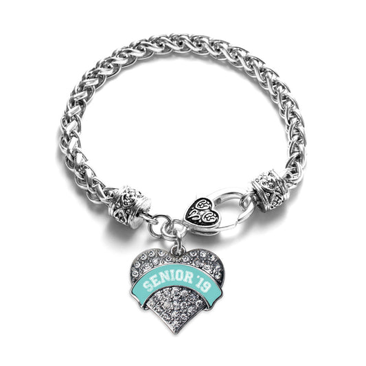 Silver Teal Senior 2019 Pave Heart Charm Braided Bracelet
