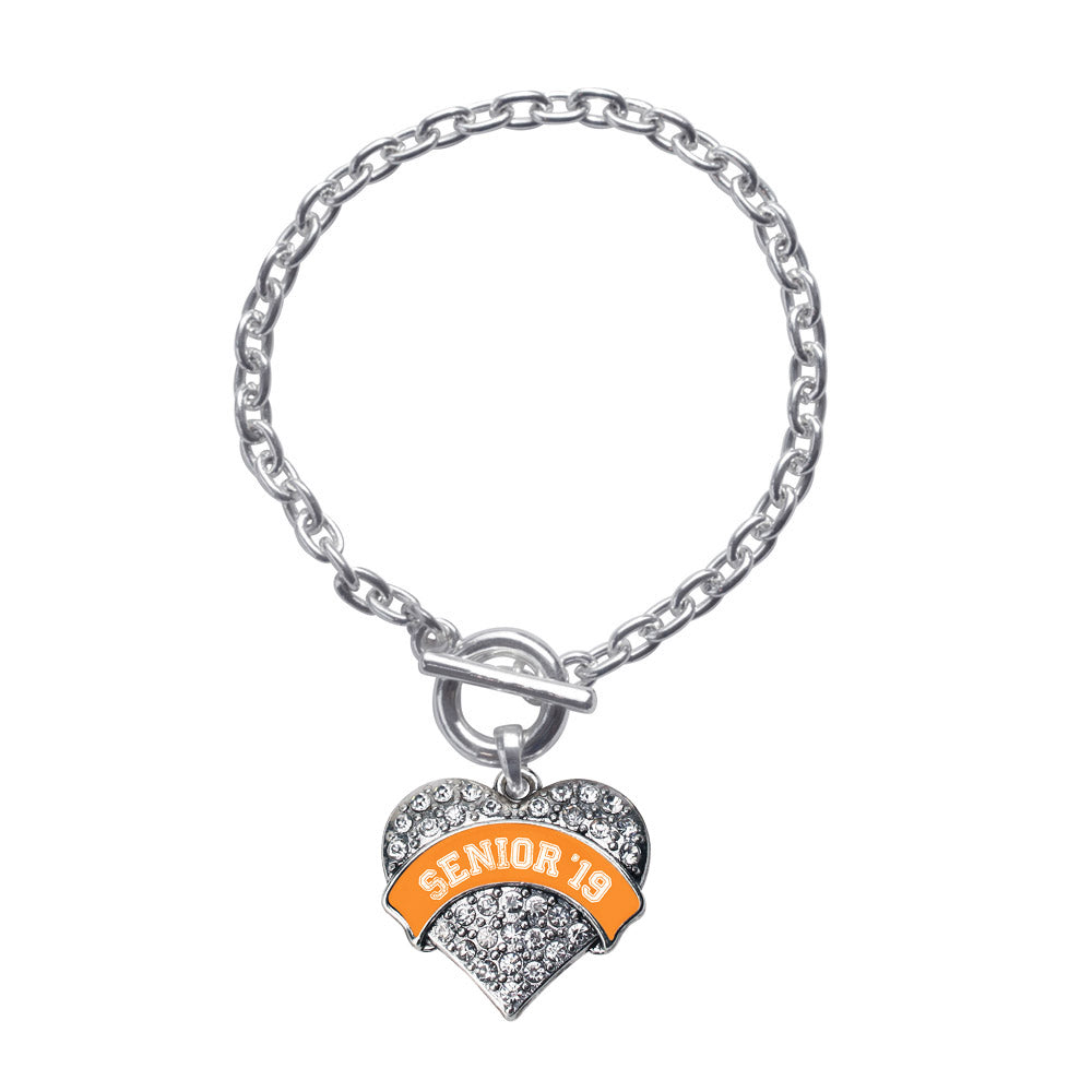 Silver Orange Senior 2019 Pave Heart Charm Toggle Bracelet