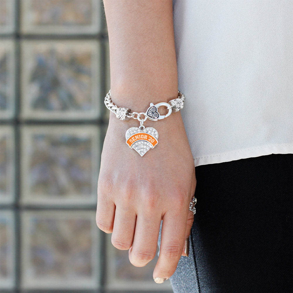 Silver Orange Senior 2020 Pave Heart Charm Braided Bracelet