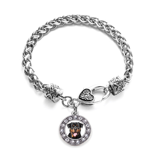 Silver Rottweiler Face Circle Charm Braided Bracelet