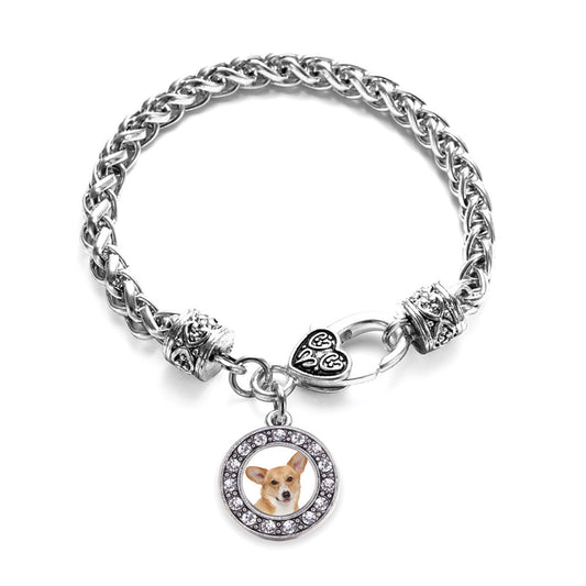 Silver Corgi Face Circle Charm Braided Bracelet