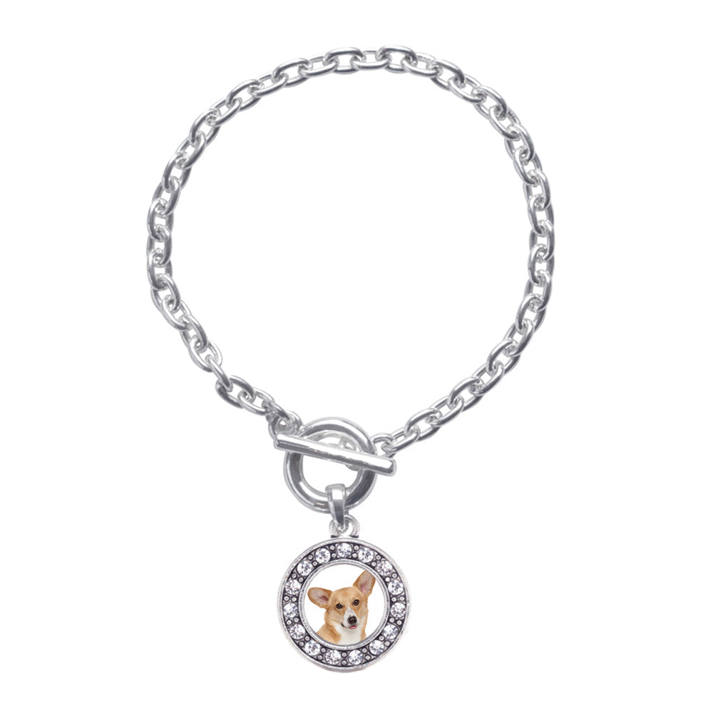 Silver Corgi Face Circle Charm Toggle Bracelet