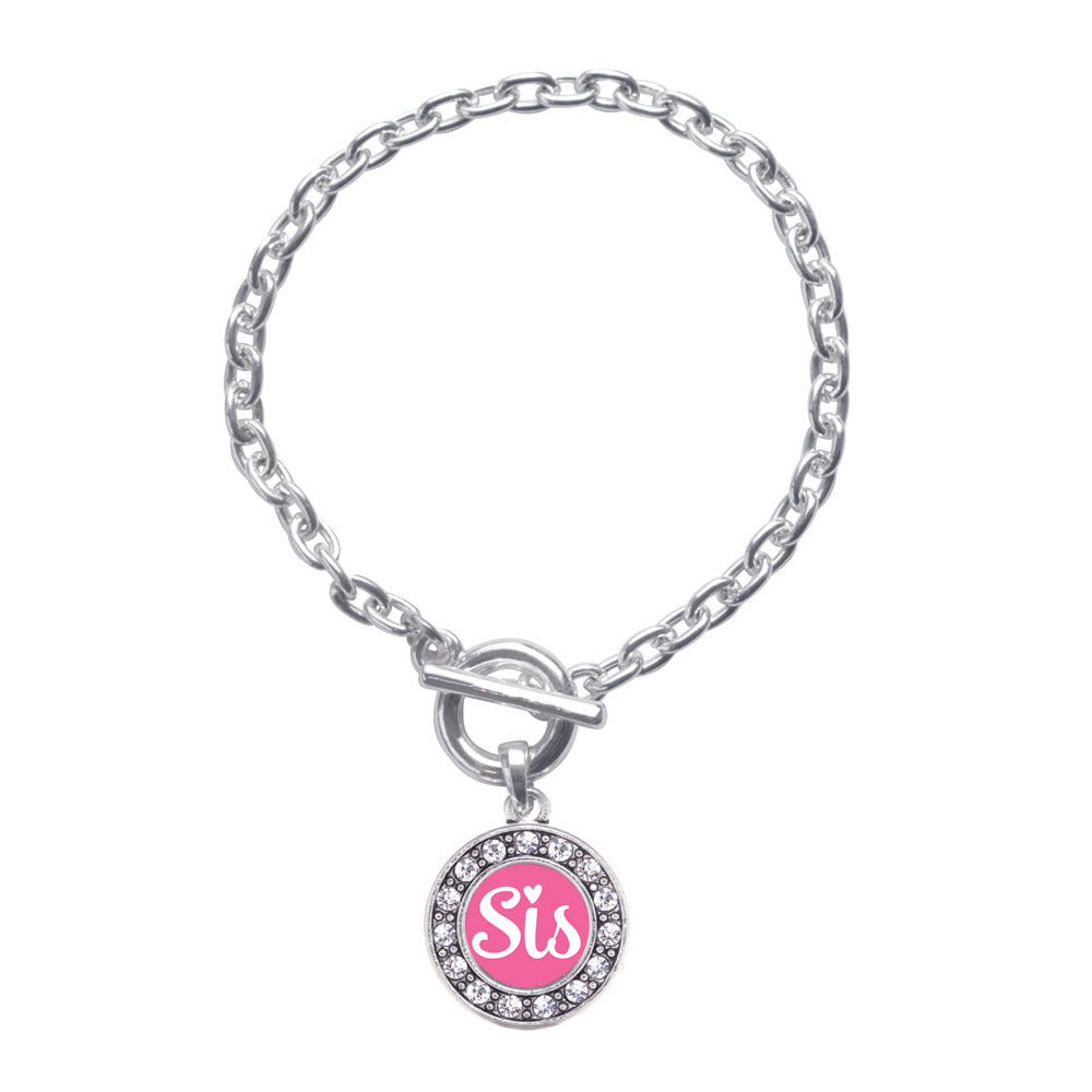 Silver Pink Sis Circle Charm Toggle Bracelet