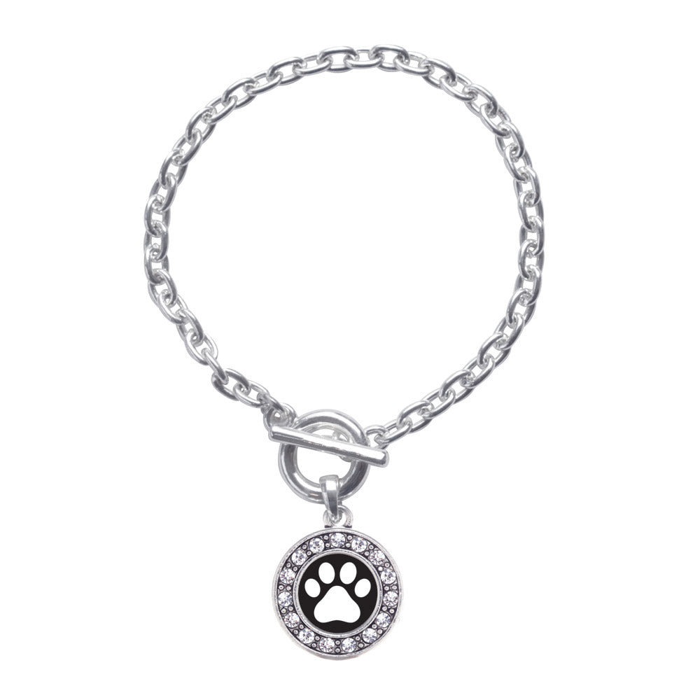 Silver Black and White Paw Print Circle Charm Toggle Bracelet
