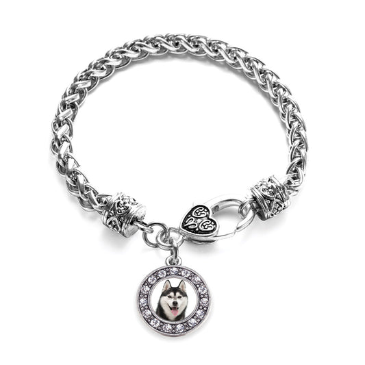 Silver Husky Face Circle Charm Braided Bracelet