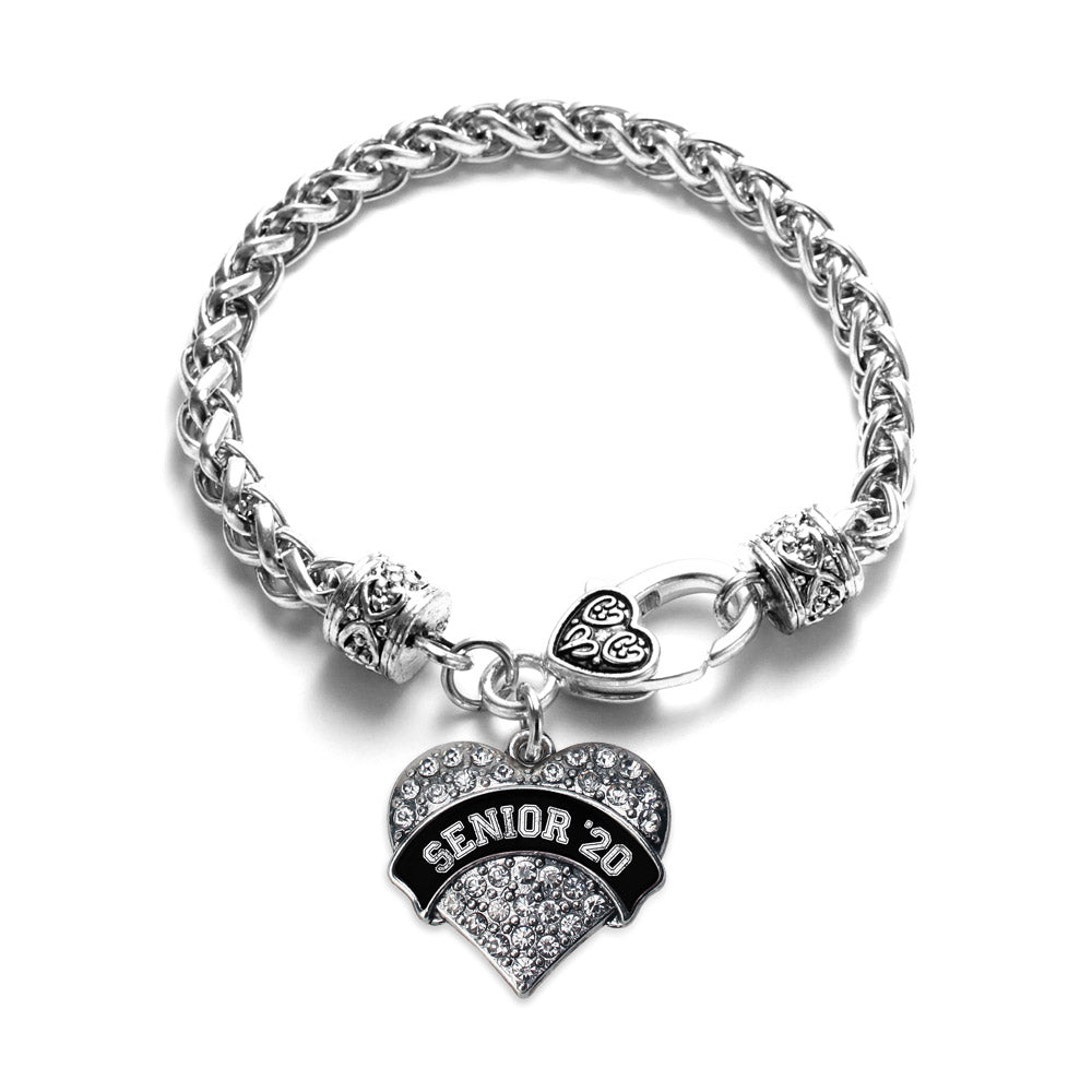 Silver Black and White Senior 2020 Pave Heart Charm Braided Bracelet