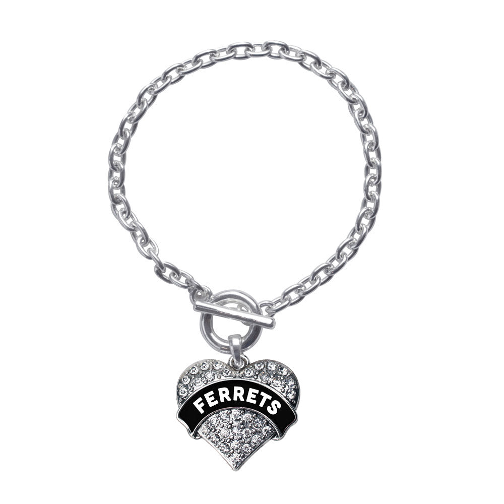 Silver Black and White Ferrets Pave Heart Charm Toggle Bracelet