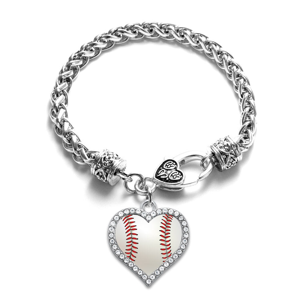 Silver Baseball Open Heart Charm Braided Bracelet