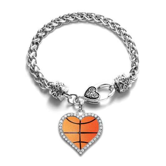 Silver Basketball Open Heart Charm Braided Bracelet