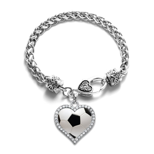 Silver Soccer Ball Open Heart Charm Braided Bracelet