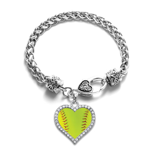 Silver Softball Open Heart Charm Braided Bracelet