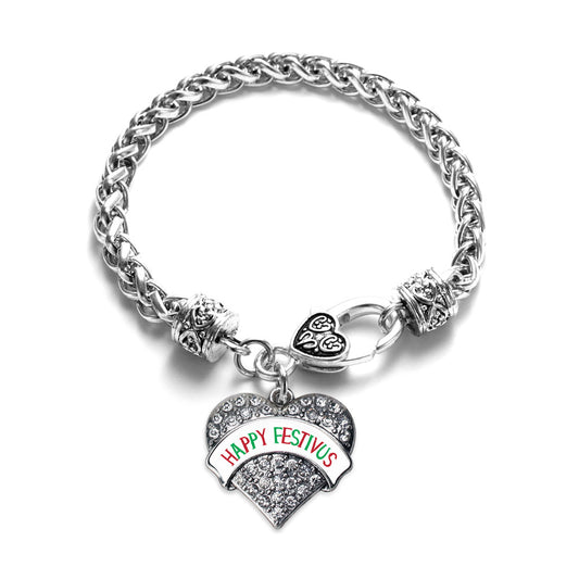 Silver Happy Festivus Pave Heart Charm Braided Bracelet