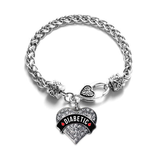 Silver Diabetic Medical Alert Pave Heart Charm Braided Bracelet