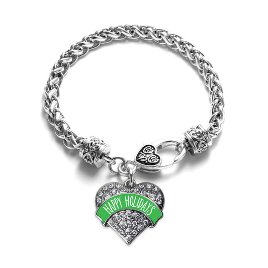 Silver Green Banner Happy Holidays Pave Heart Charm Braided Bracelet