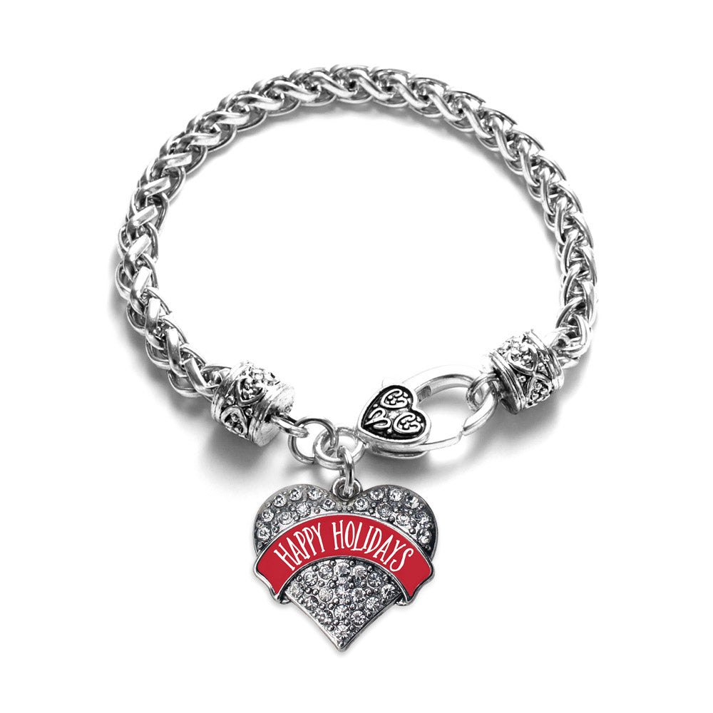Silver Red Banner Happy Holidays Pave Heart Charm Braided Bracelet