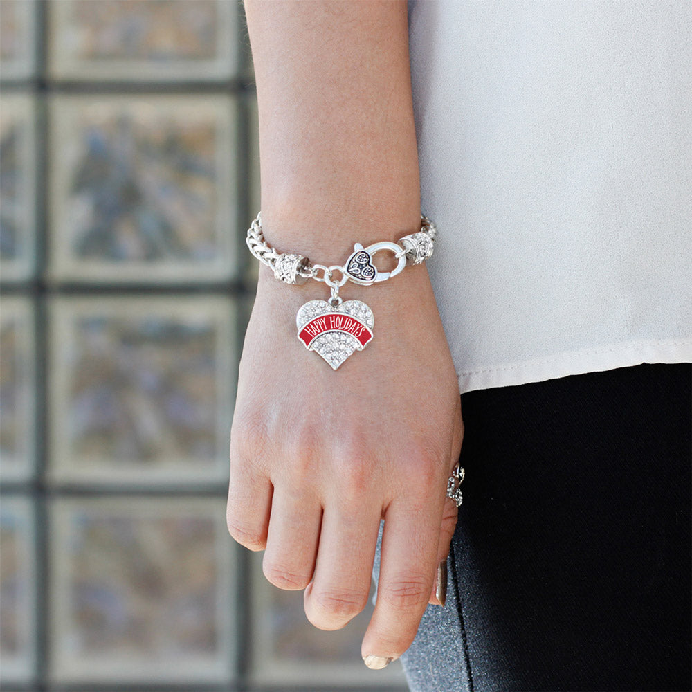 Silver Red Banner Happy Holidays Pave Heart Charm Braided Bracelet