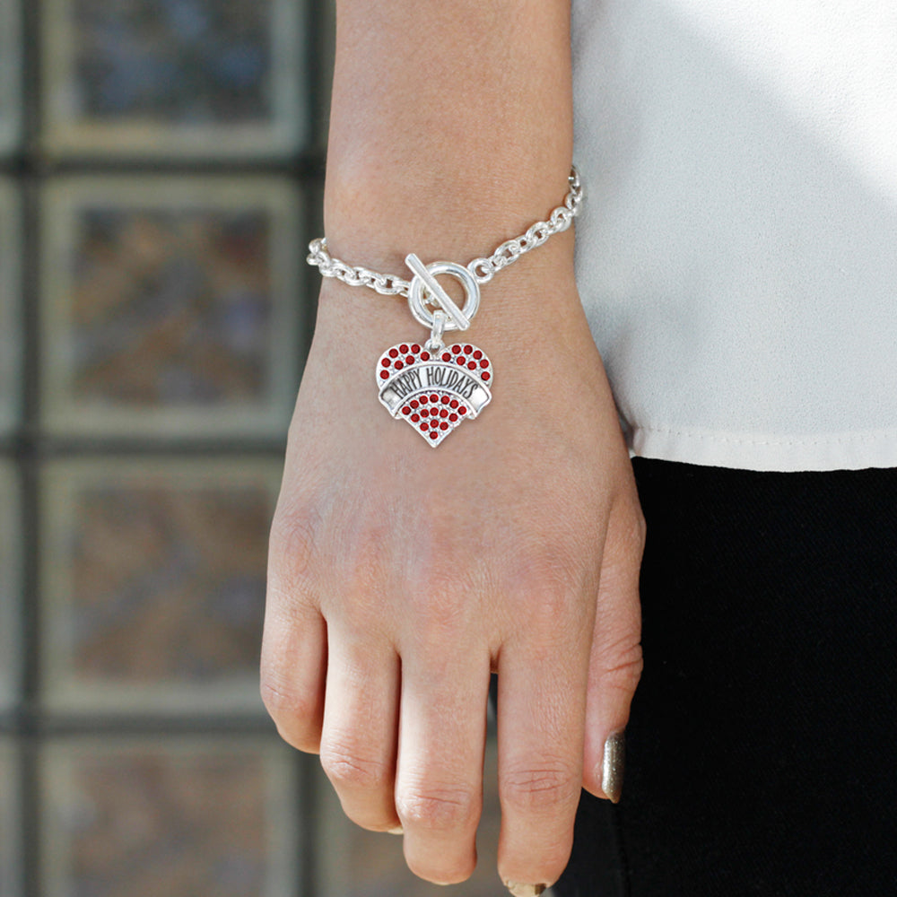 Silver Happy Holidays Red Red Pave Heart Charm Toggle Bracelet