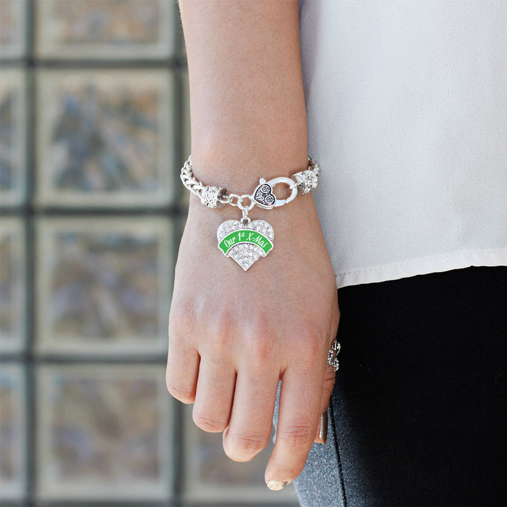Silver Green Banner Our 1st X-Mas Pave Heart Charm Braided Bracelet