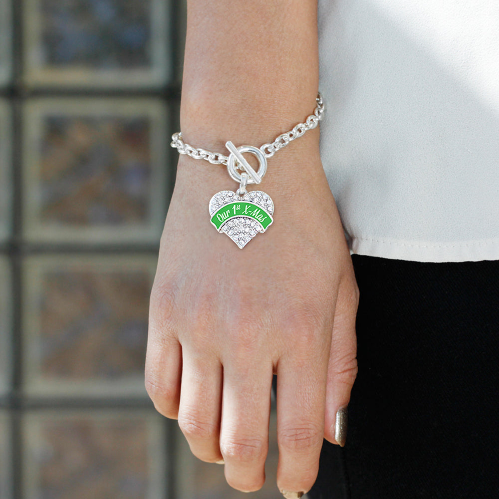 Silver Green Banner Our 1st X-Mas Pave Heart Charm Toggle Bracelet