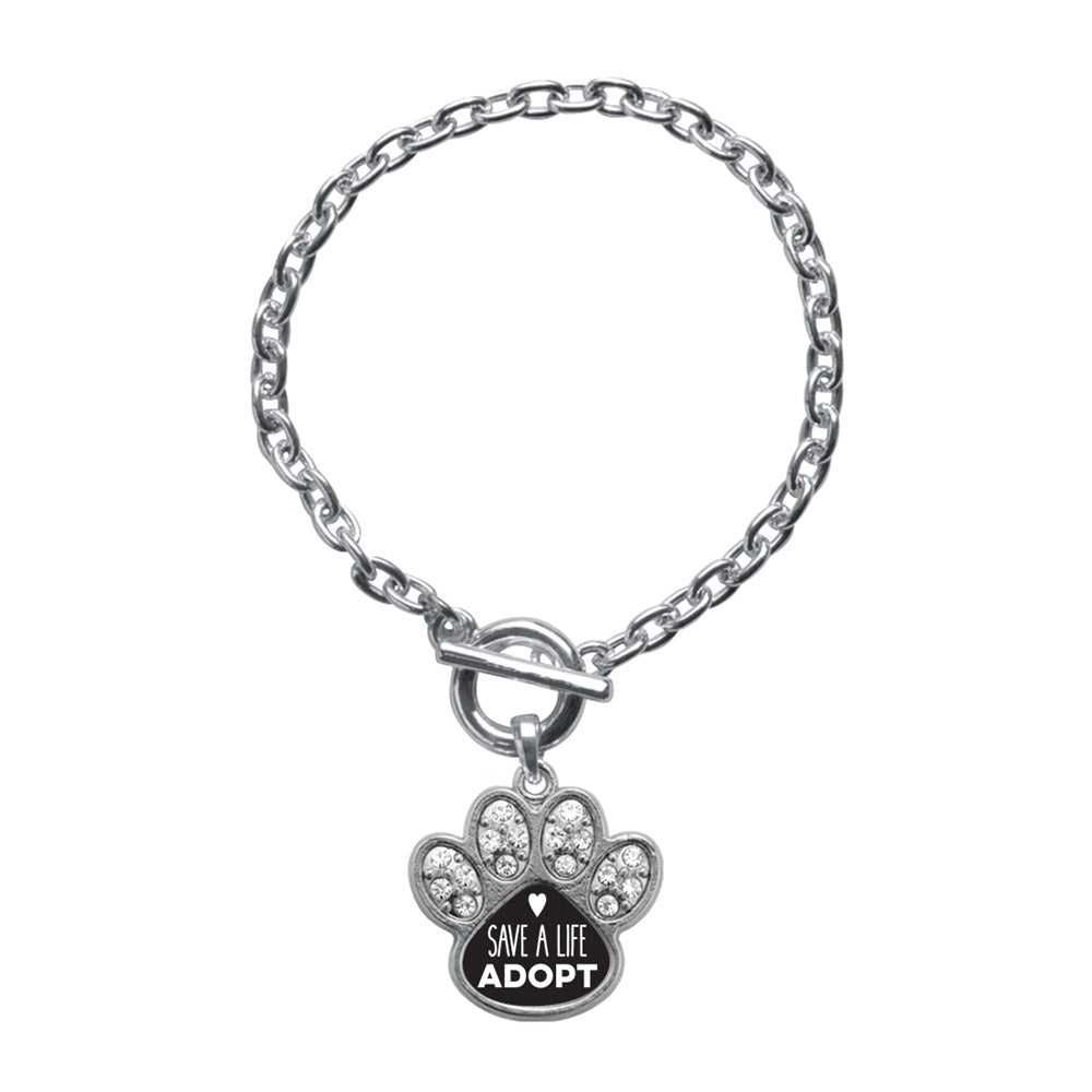 Silver Save A Life, Adopt Pave Paw Charm Toggle Bracelet