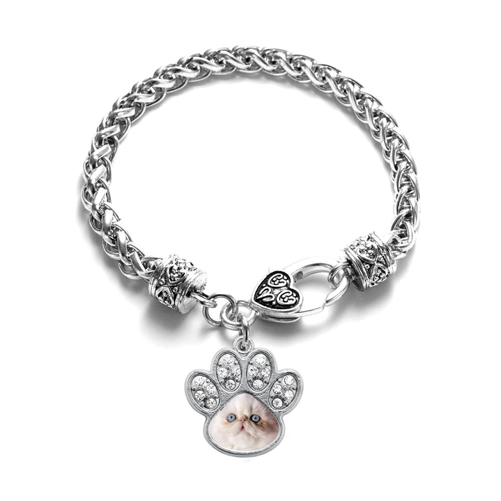 Silver Persian Cat Pave Paw Charm Braided Bracelet