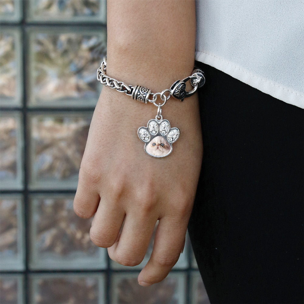 Silver Persian Cat Pave Paw Charm Braided Bracelet