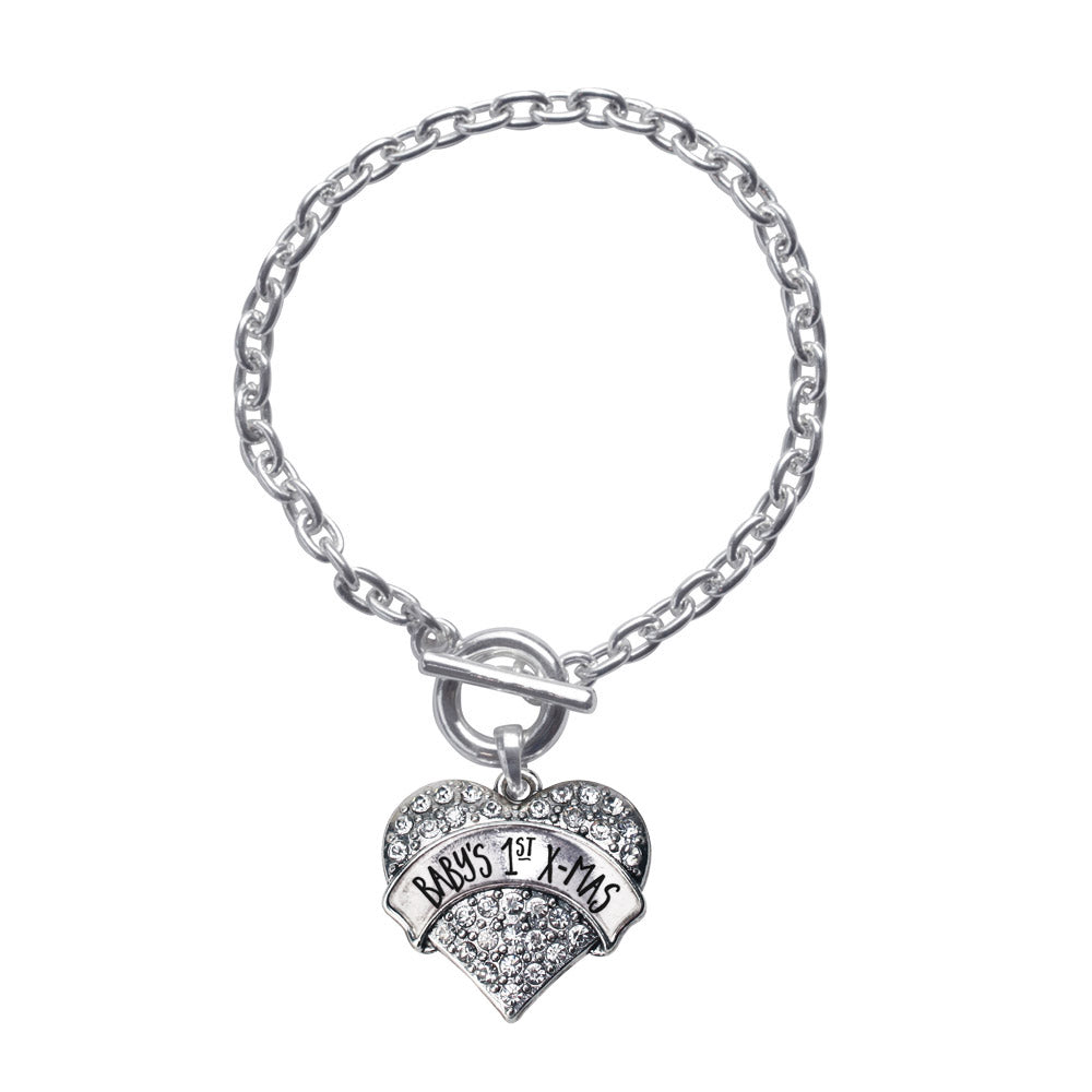 Silver Baby's 1st X-Mas Pave Heart Charm Toggle Bracelet