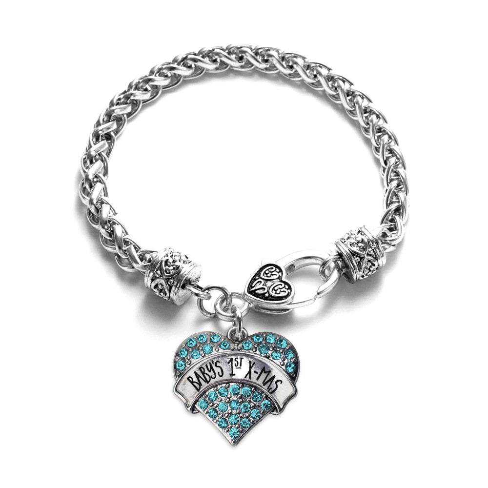 Silver Baby's 1st X-Mas Aqua Aqua Pave Heart Charm Braided Bracelet