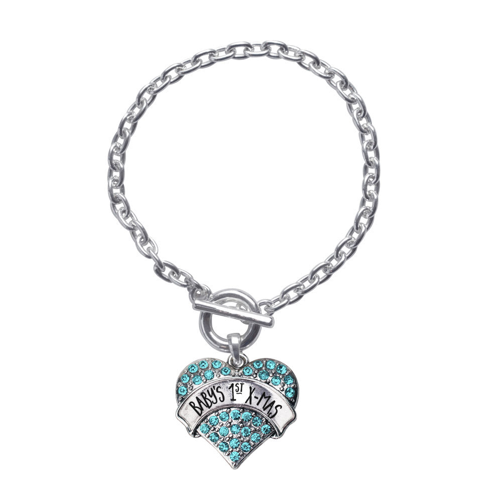 Silver Baby's 1st X-Mas Aqua Aqua Pave Heart Charm Toggle Bracelet