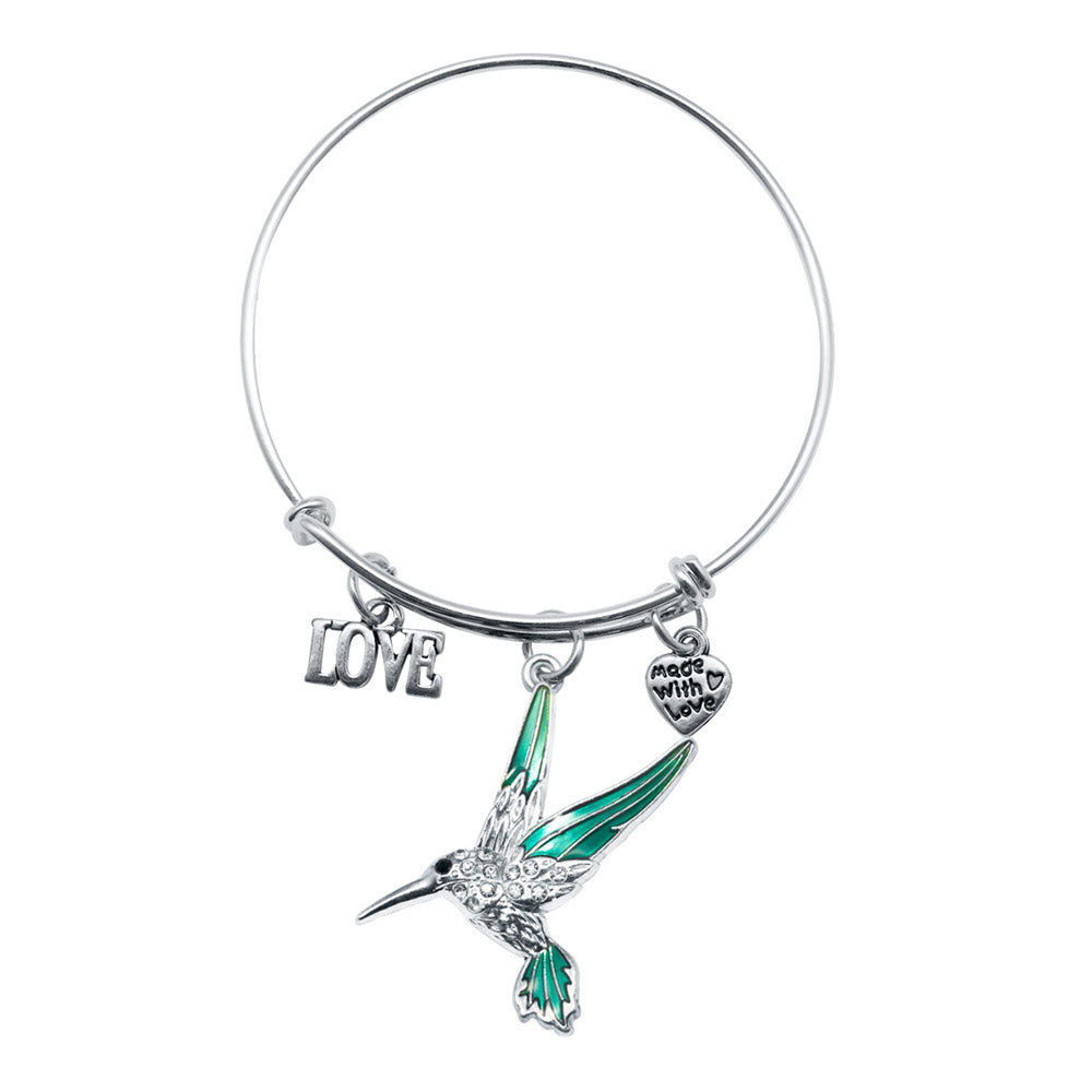 Silver Love Hummingbird Charm Wire Bangle Bracelet