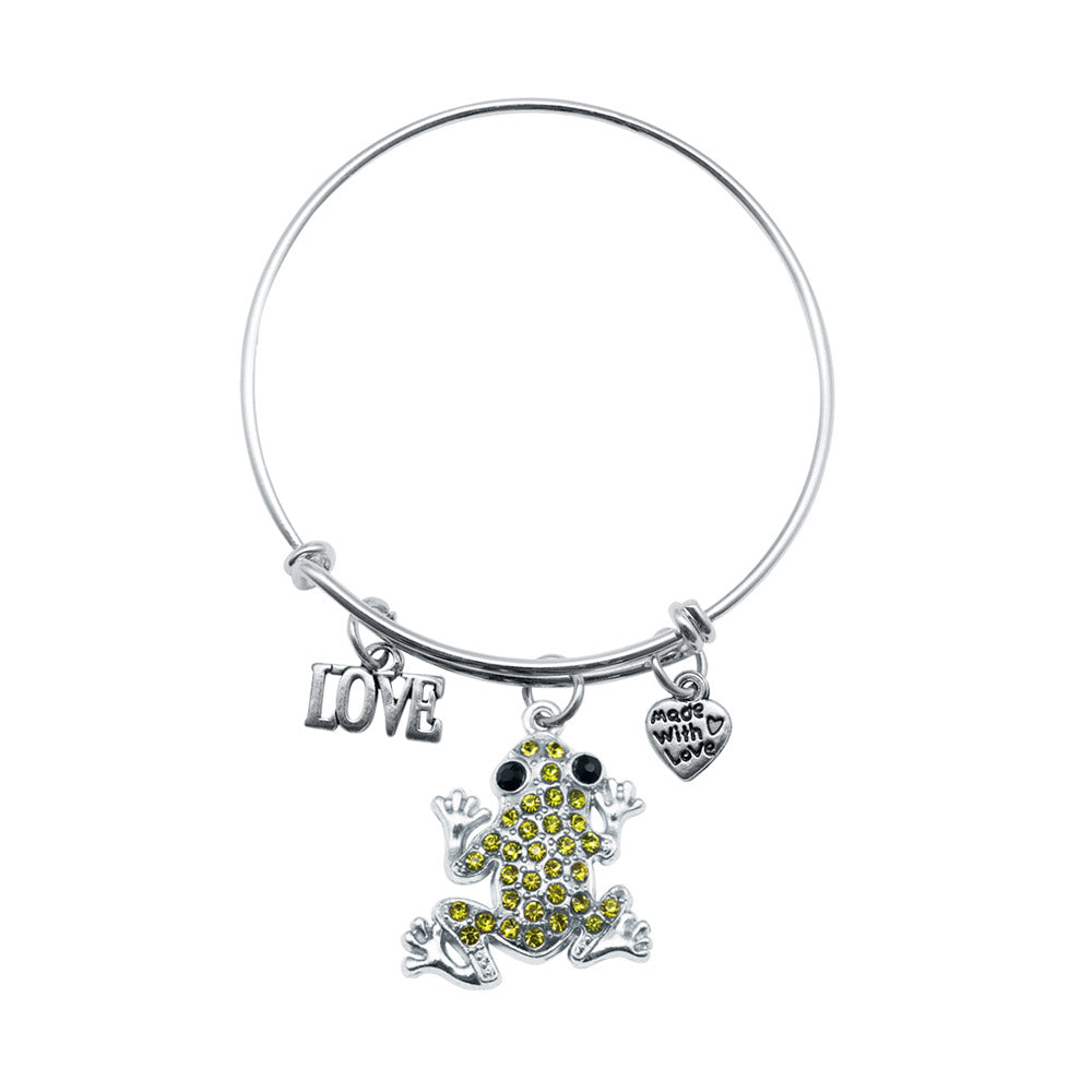 Silver Love Green Pave Frog Charm Wire Bangle Bracelet