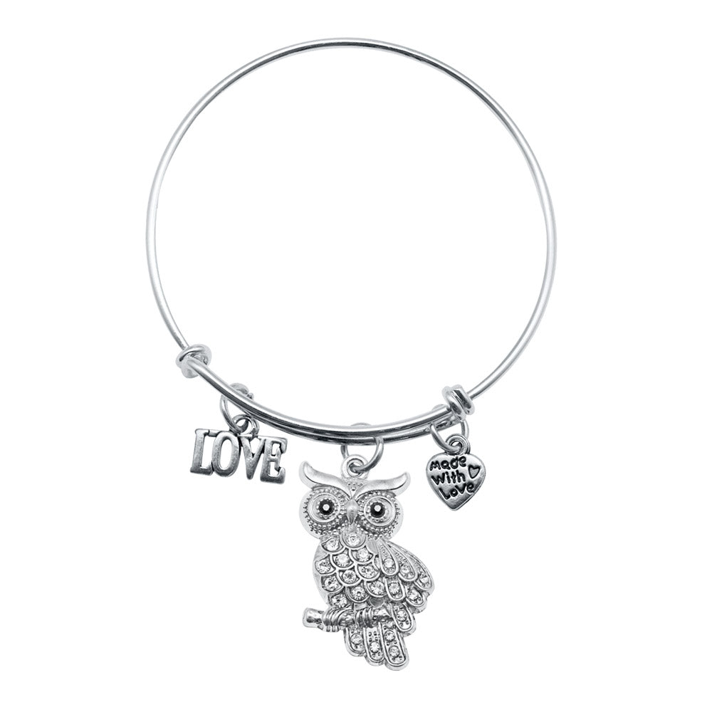 Silver Owl Charm Wire Bangle Bracelet