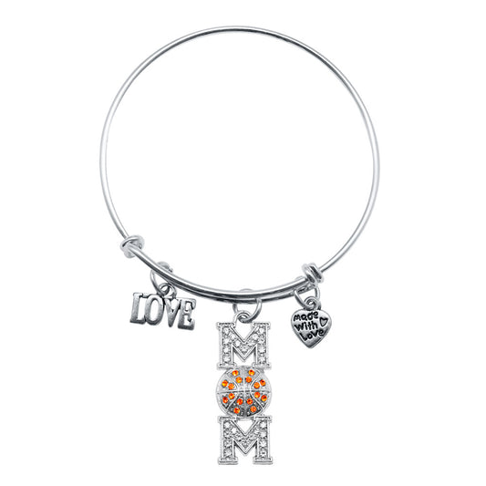 Silver Basketball Mom Charm Wire Bangle Bracelet