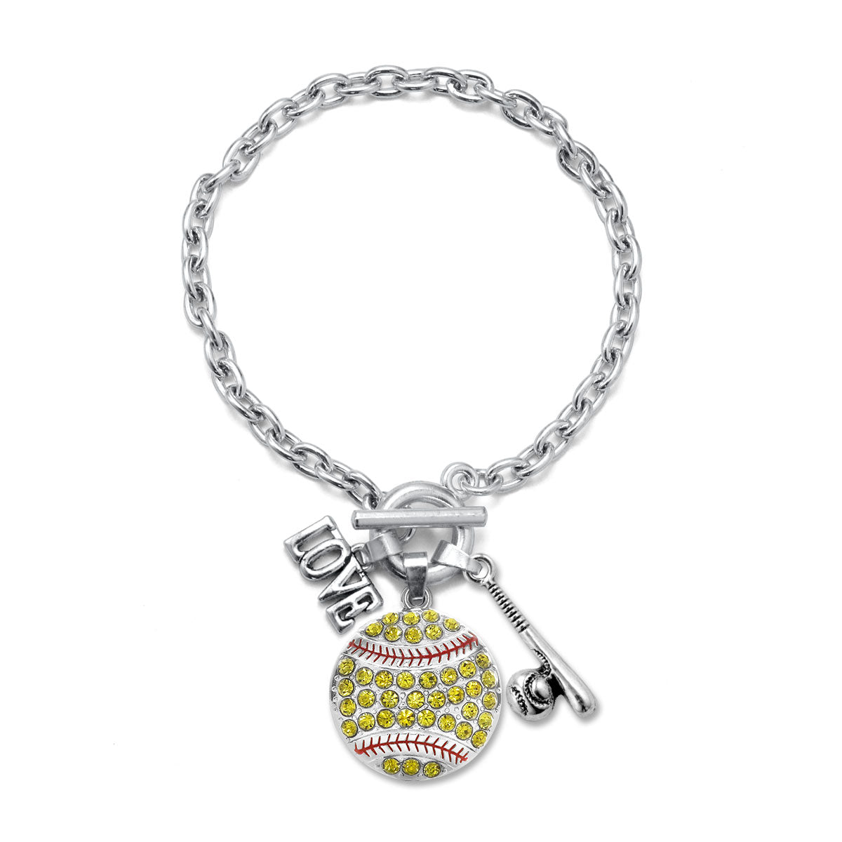 Silver Love Softball Bat Charm Toggle Bracelet